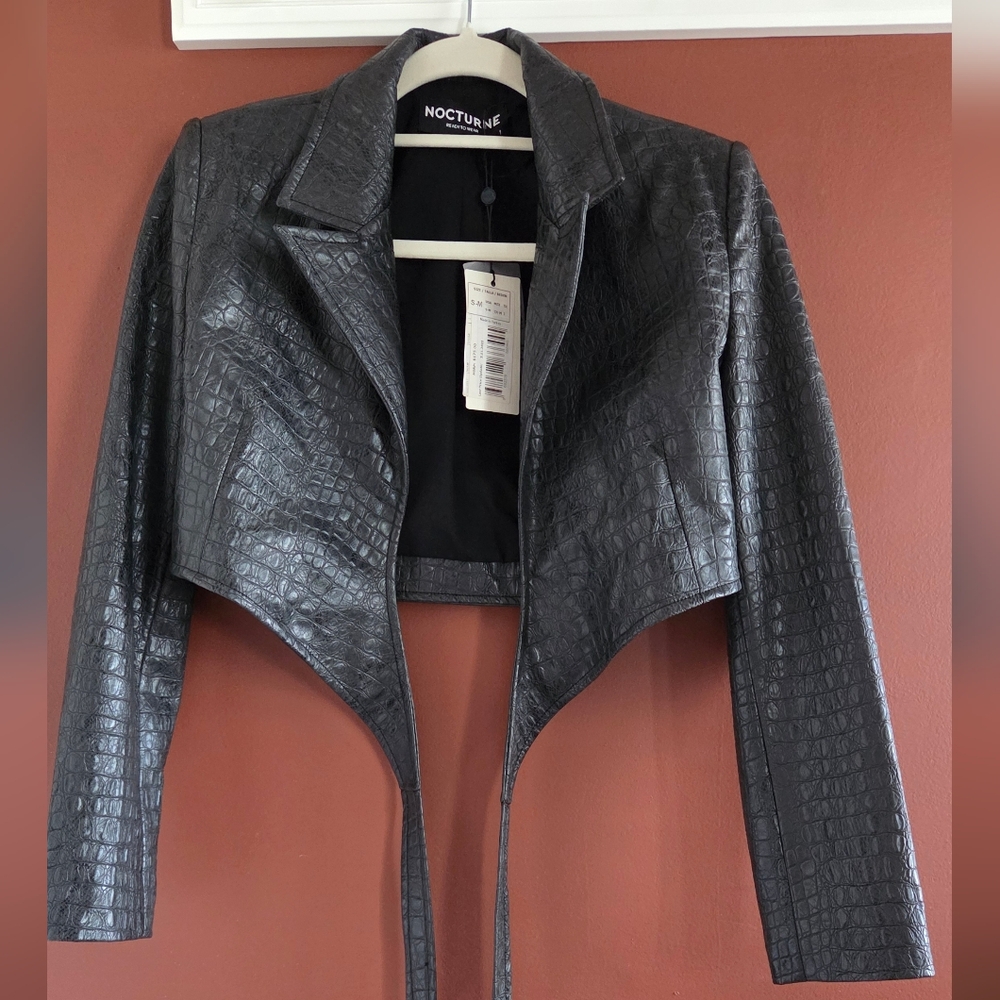 Croc-Embossed Black Faux Leather Cropped Jacket